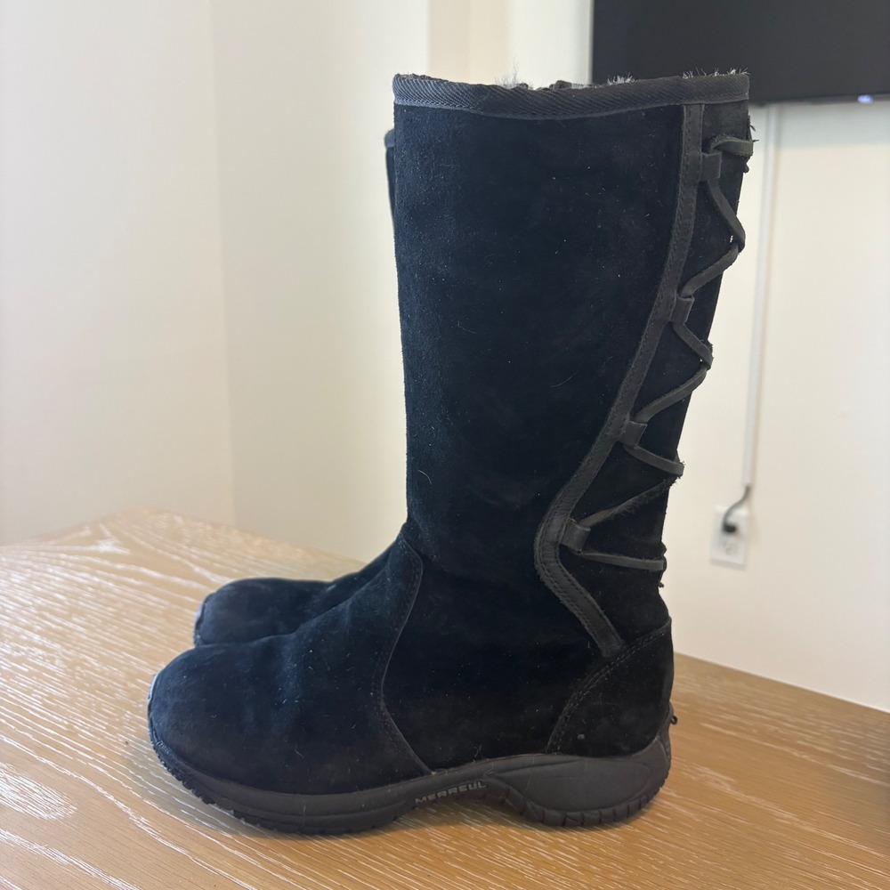 Merrell Encore Back Lace Black Suede Faux Fur Lined Boots J66482 Womens 6 - Picture 2 of 11